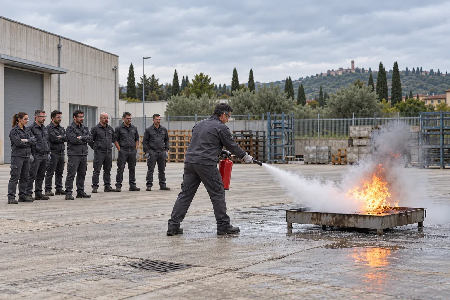 Gruppo di lavoratori che assiste a una prova pratica di spegnimento con estintore in un piazzale aziendale