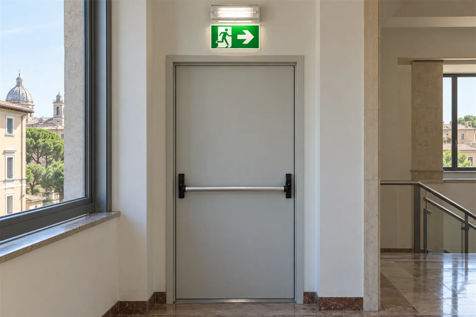 Uscita di sicurezza con maniglione antipanico e luce di emergenza